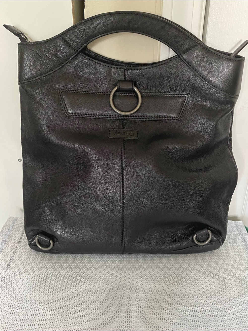 Genicci Black Leather Tote with Ring Accent
